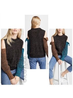 (nude) round neck cutout shoulder metallic colorblock sweater xs